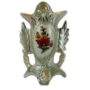 VTG Porcelain Floral Green Lusterware Vase Art Nouveau Brazil 8.5” Made In 1749